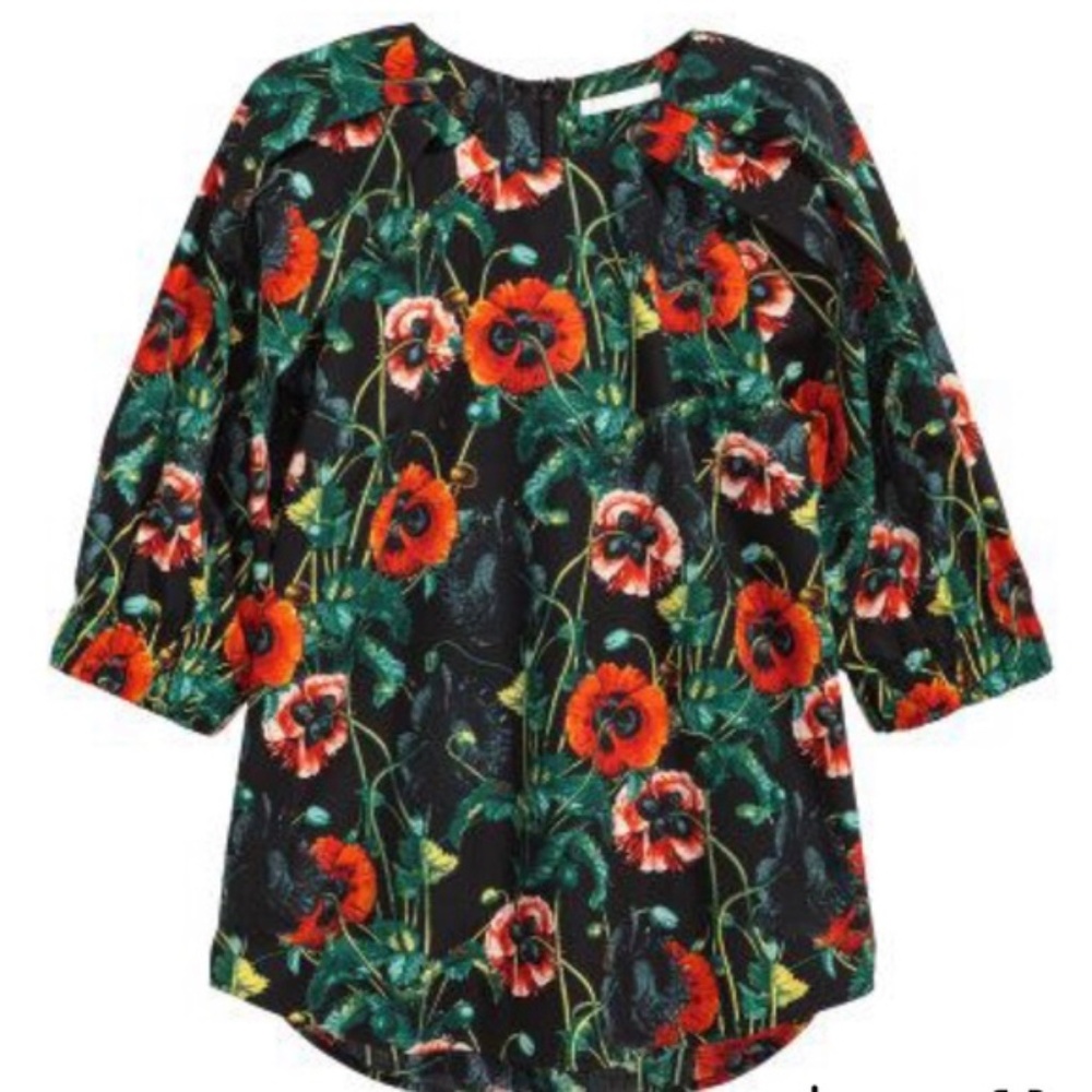 H&M Puffy Sleeve Red Poppy blouse black red floral Cotton 4